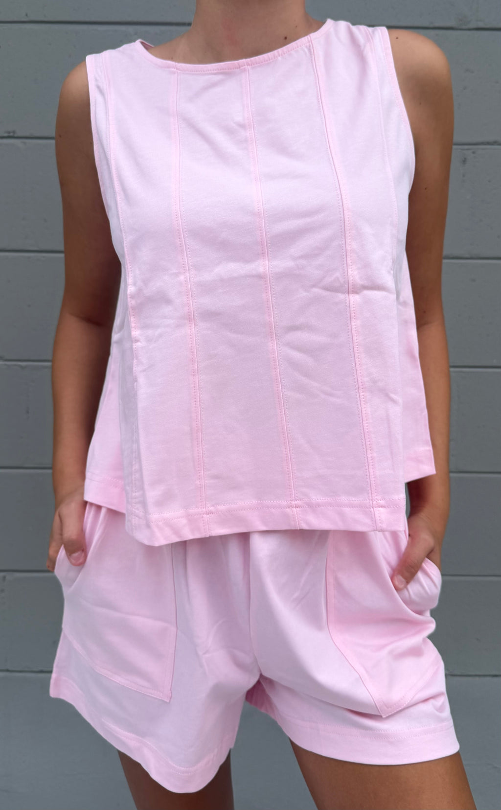 Pink Las Stitched Detail Loose Tank Top 2pcs Short Set