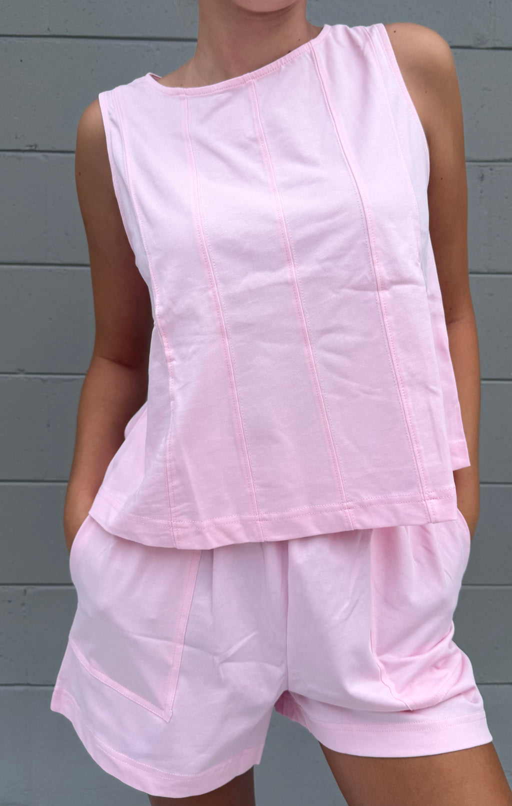 Pink Las Stitched Detail Loose Tank Top 2pcs Short Set